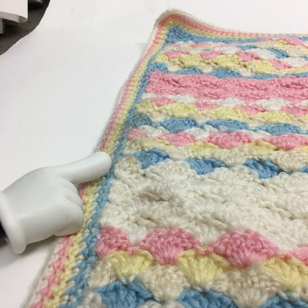 Pastel White Yellow Blue Pink Baby Blanket Lap Afghan Crocheted 35‎ x 44 inches
